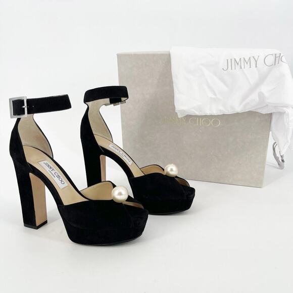Jimmy Choo Black Suede Socorie Pearl Detail Platform Sandal Heel size IT 38.5 - Picture 1 of 15